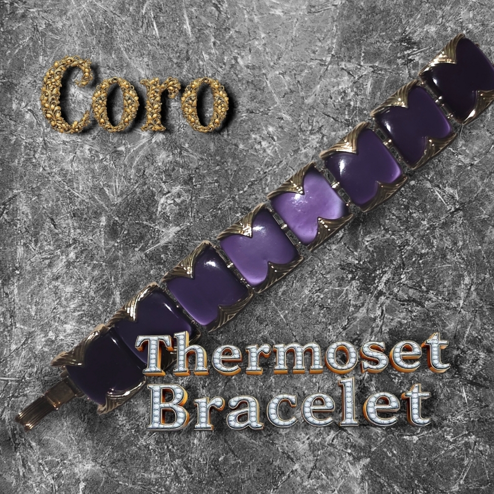 Vintage Coro Thermoset Bracelet – 1960s Gold & Amethyst Tones - Picture 1 of 11